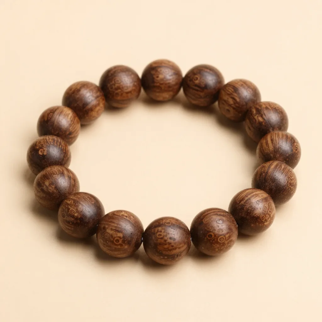 A tagua bead bracelet on a light background