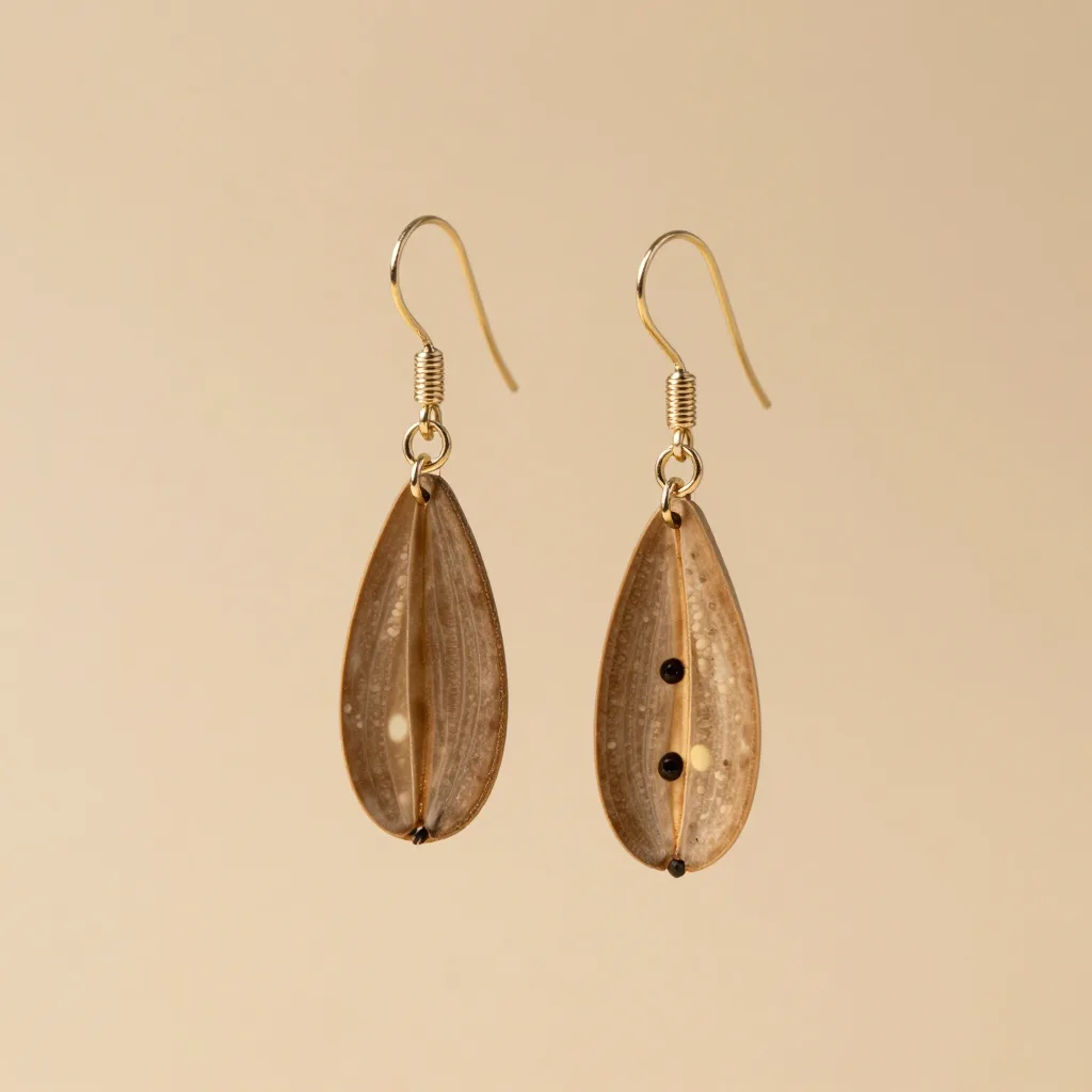 A pair of tagua drop earrings on a light background