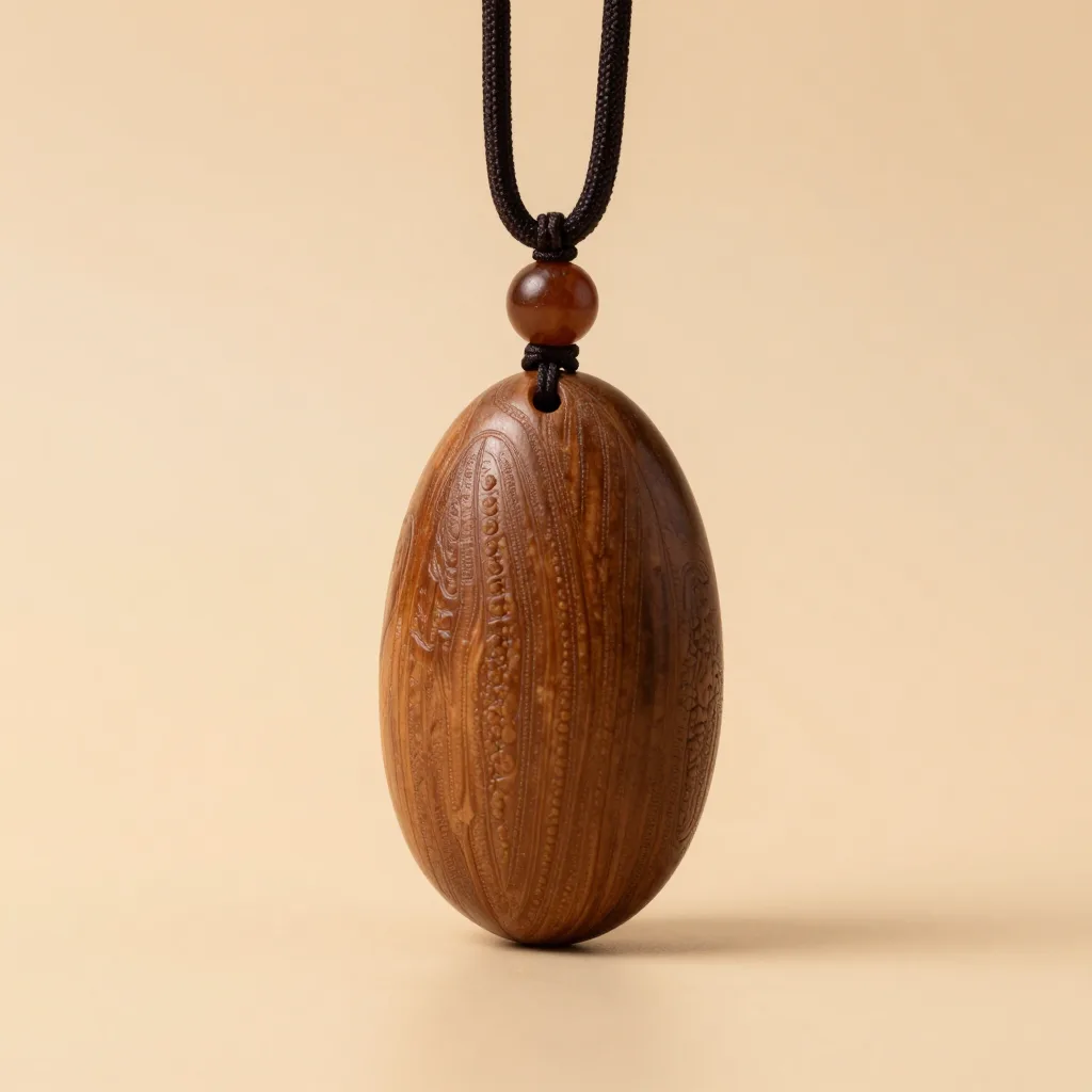 A carved tagua pendant on a light background