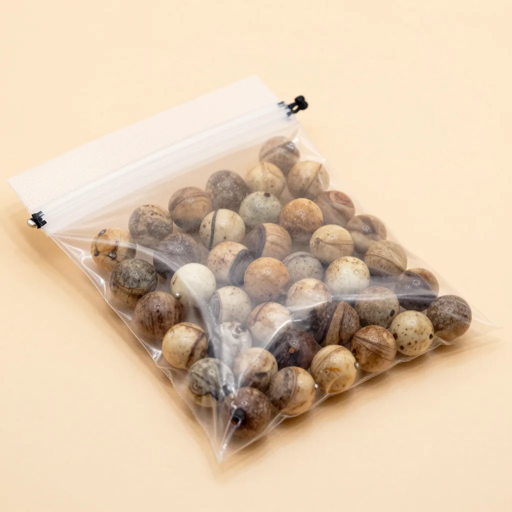 A pouch of dyed tagua beads on a light background