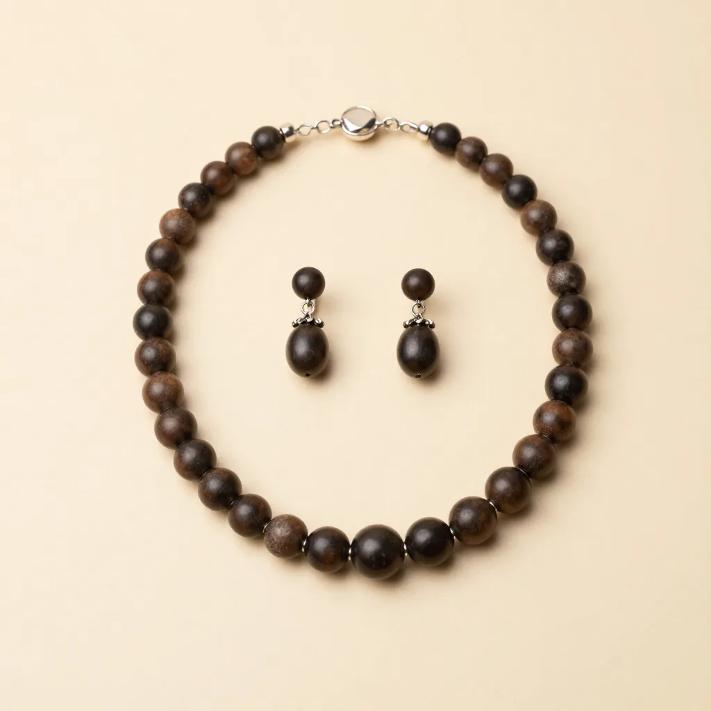 A tagua necklace and earrings set on a light background