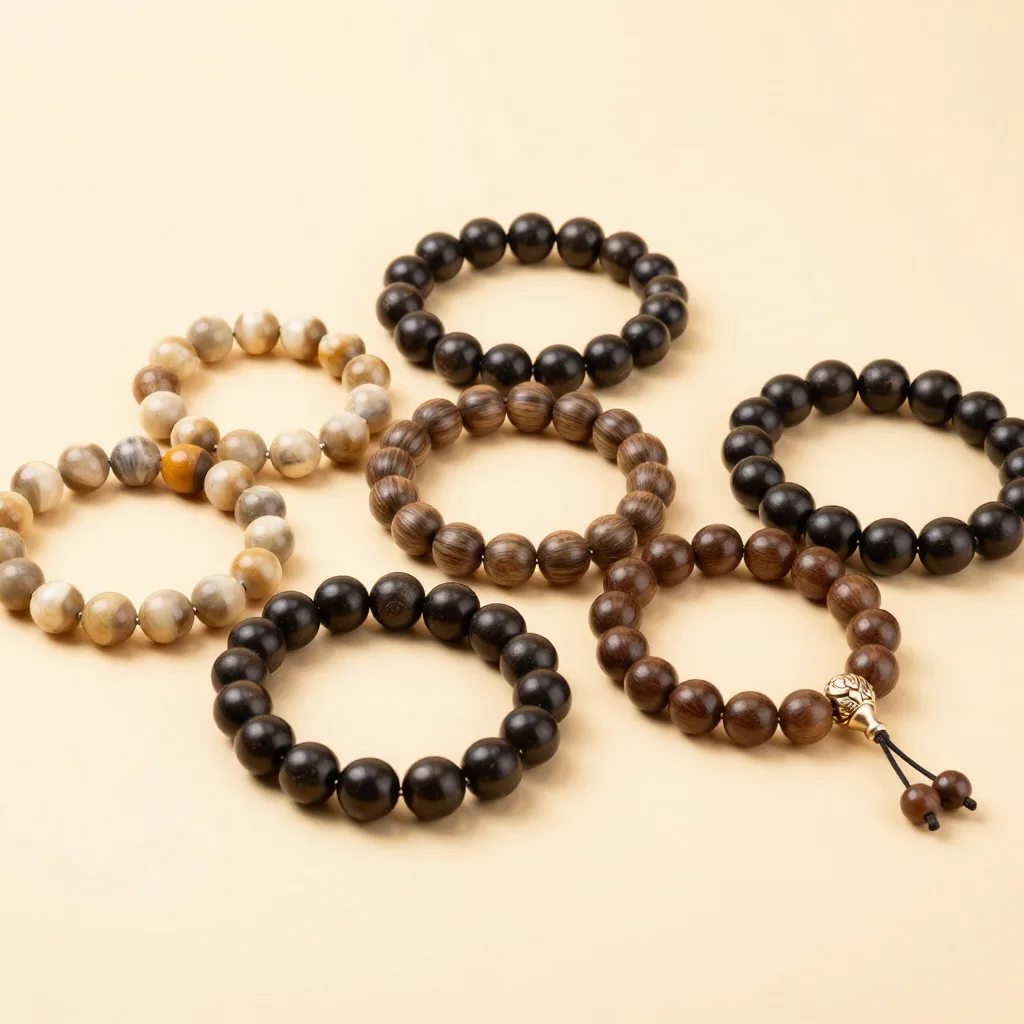 An assorted collection of tagua beads on a light background
